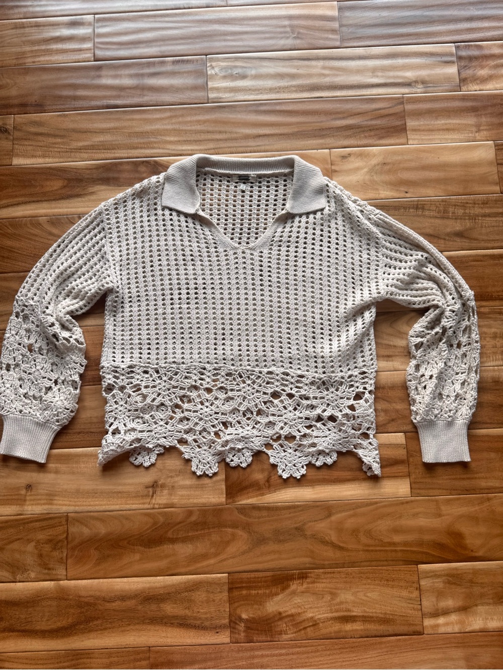 gimmicks by BKE Cream Crochet Hem Collared Open Knit Sweater